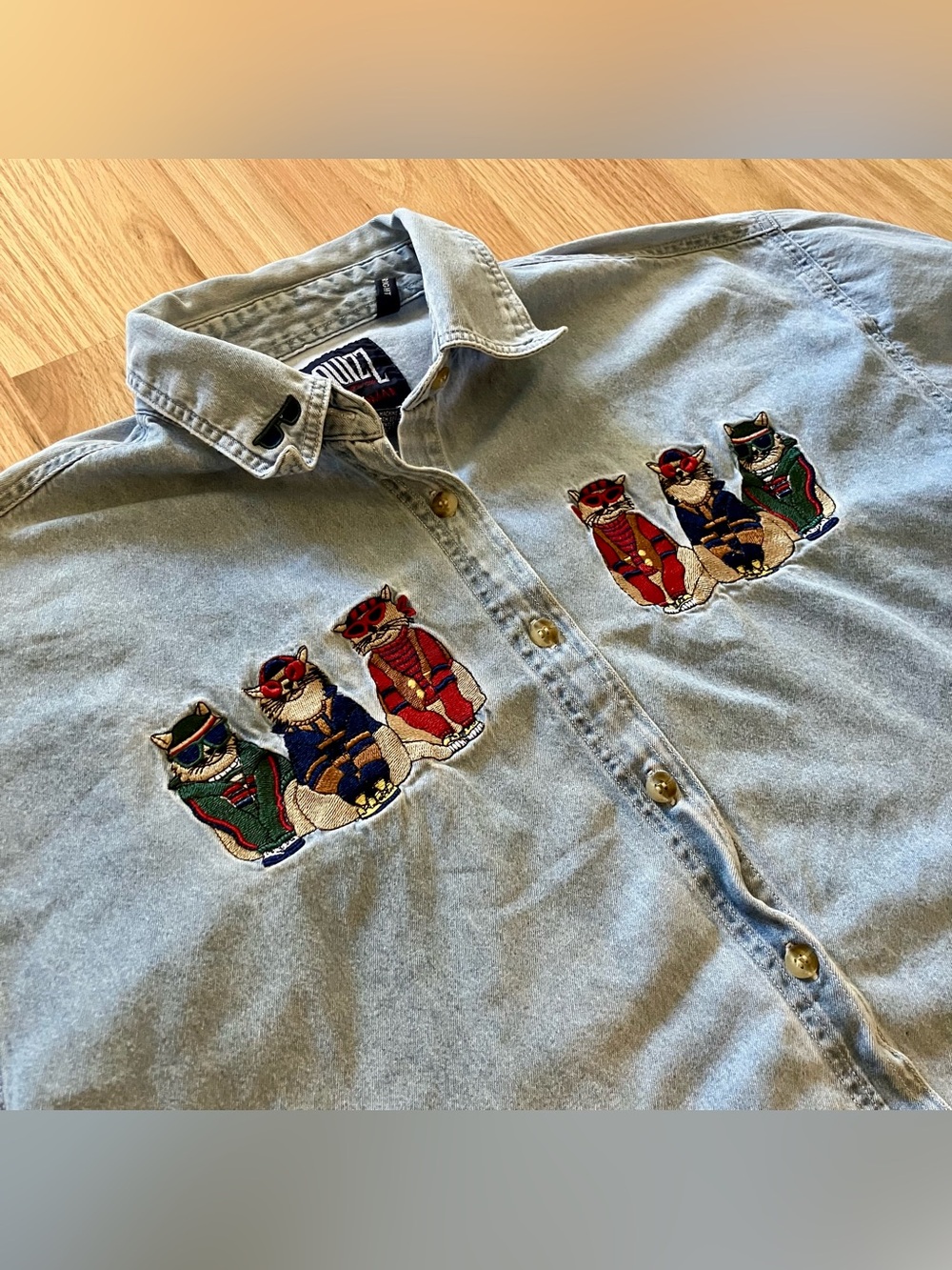 Vintage 90s Quizz Cool Cat Denim Button Down Shirt
